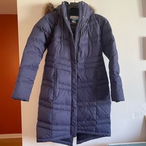 Columbia Long Puffer Ski Jacket in Navy with Faux Fur Trim